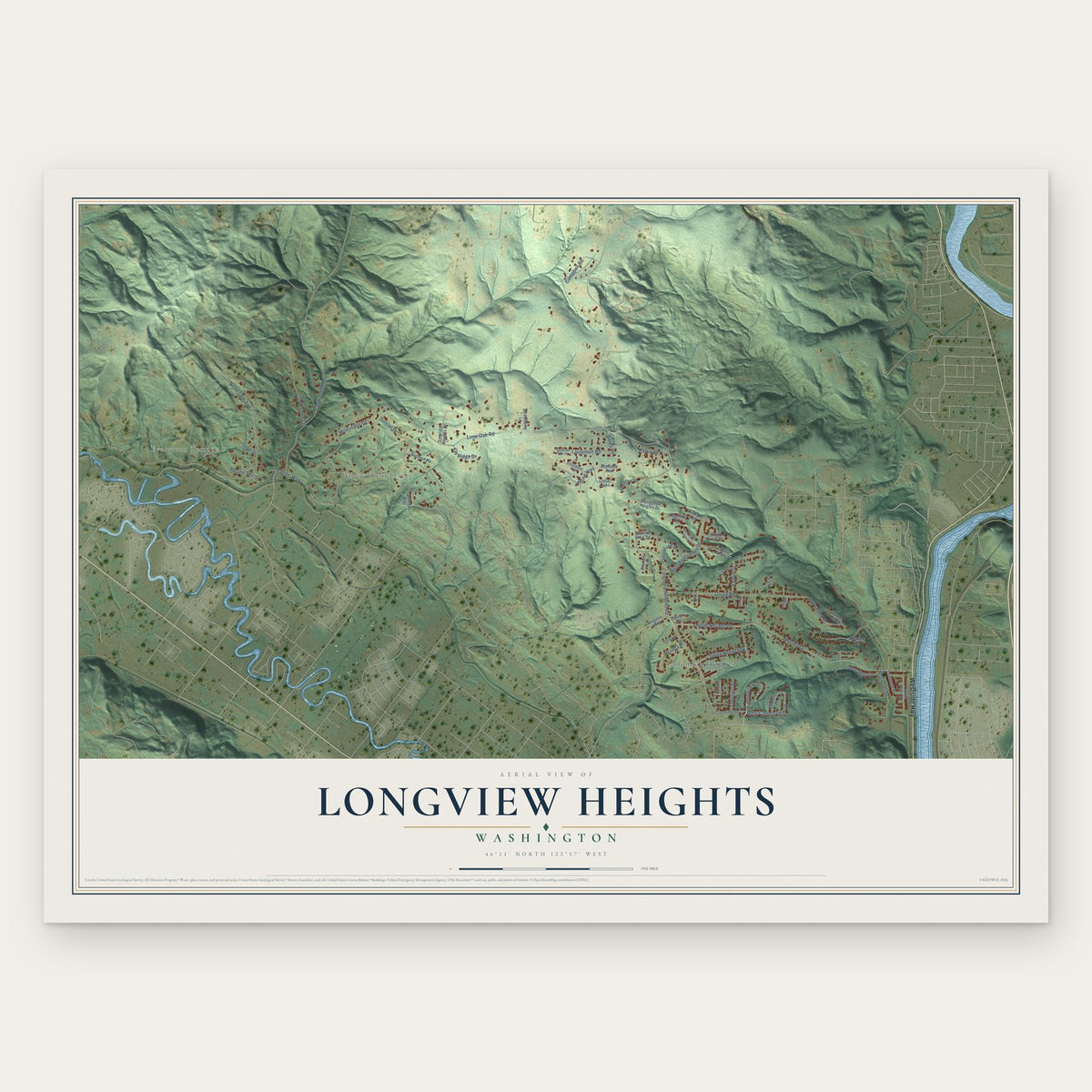 Longview Heights, Washington map print, the full design