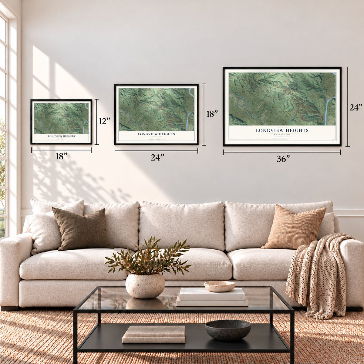 Longview Heights, Washington map in 12 x 18, 18 x 24 and 24 x 36 inch sizes above a sofa