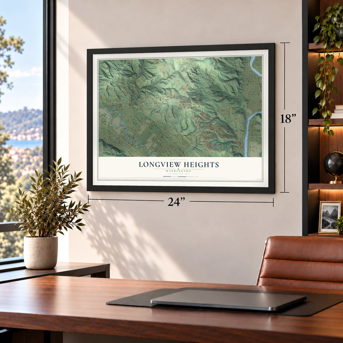 Longview Heights, Washington map, 18 x 24 inch print in a black frame in a home office