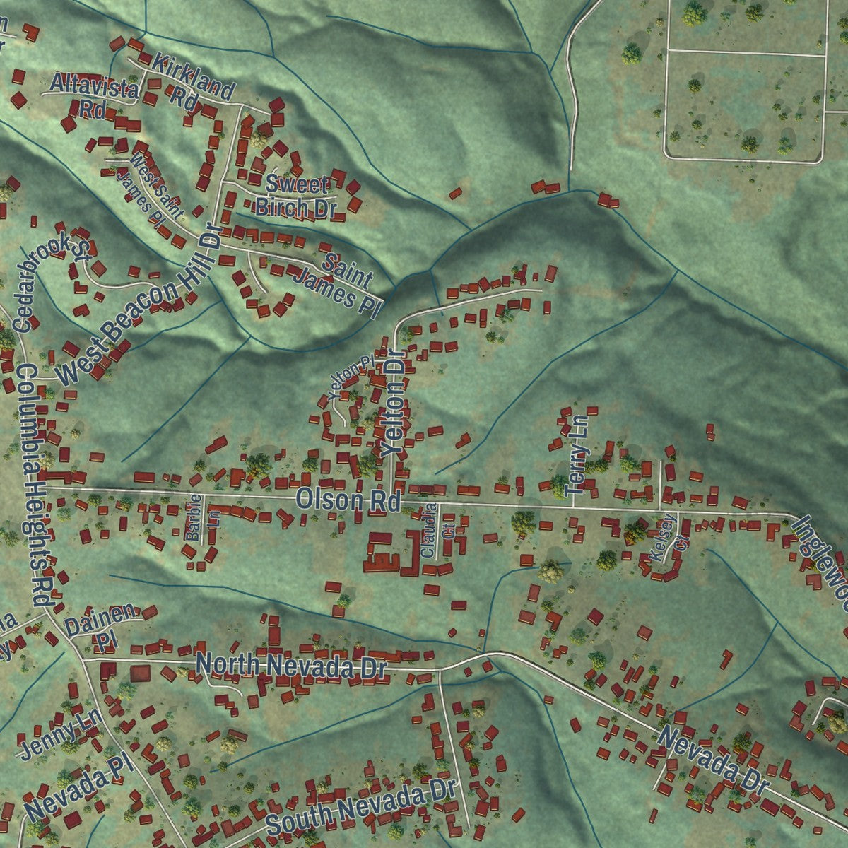 Close-up of the map of Longview Heights, Washington print showing street and building detail
