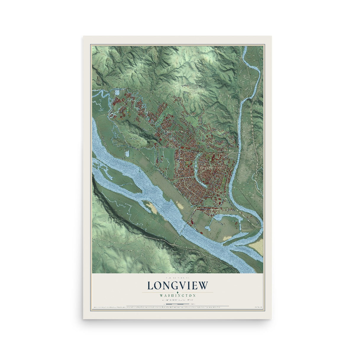 Map of Longview, Washington, 12 x 18 inch unframed archival matte print