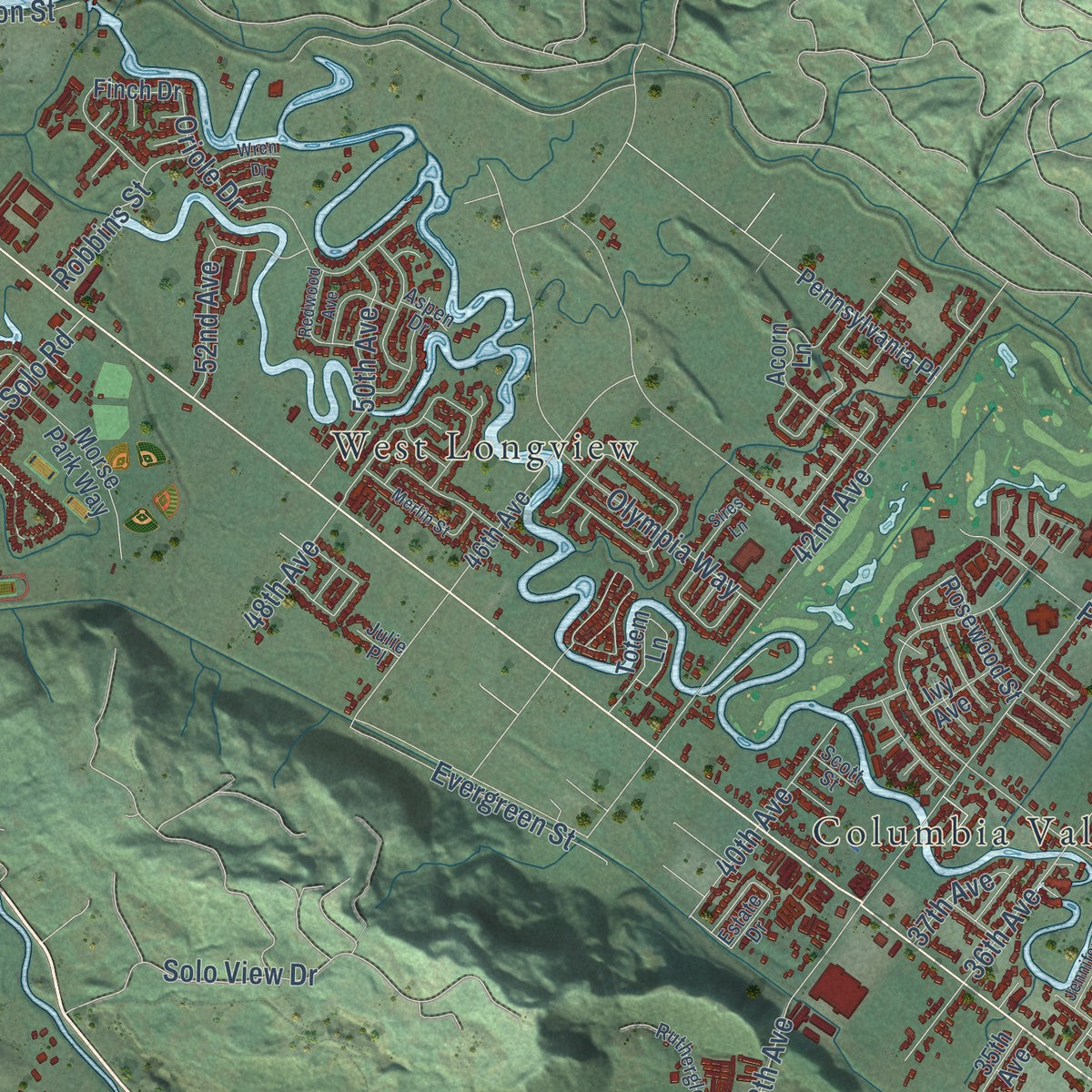 Second close-up of the map of Longview, Washington print showing more streets and buildings