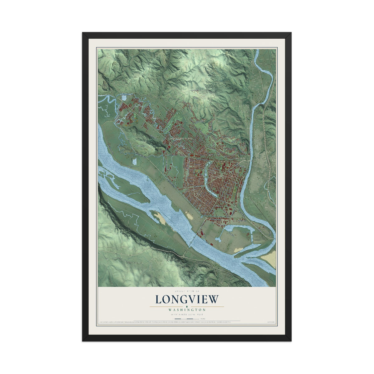 Map of Longview, Washington, 12 x 18 inch print in a black wood frame