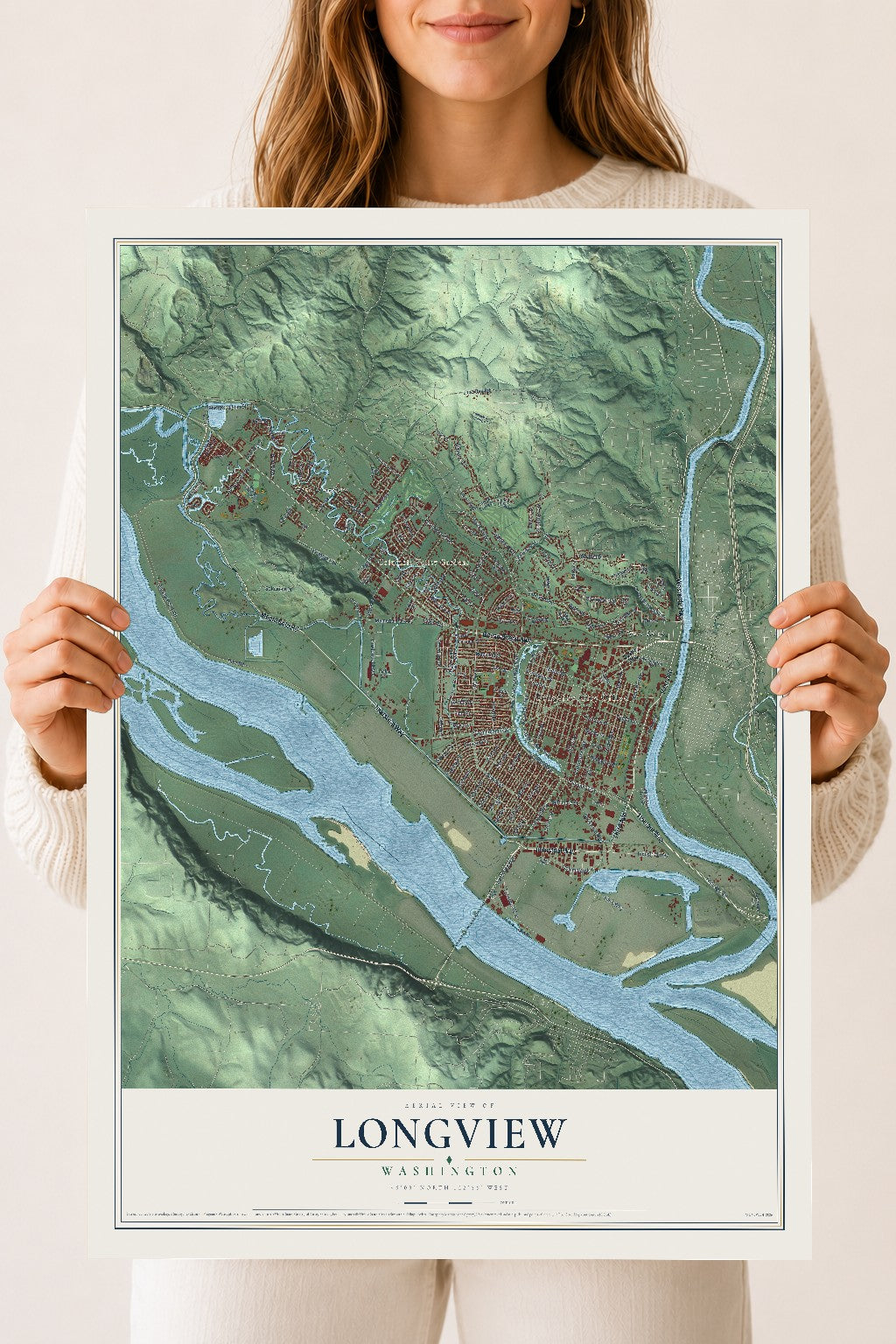 Map of Longview, Washington, 18 x 24 inch unframed archival matte print