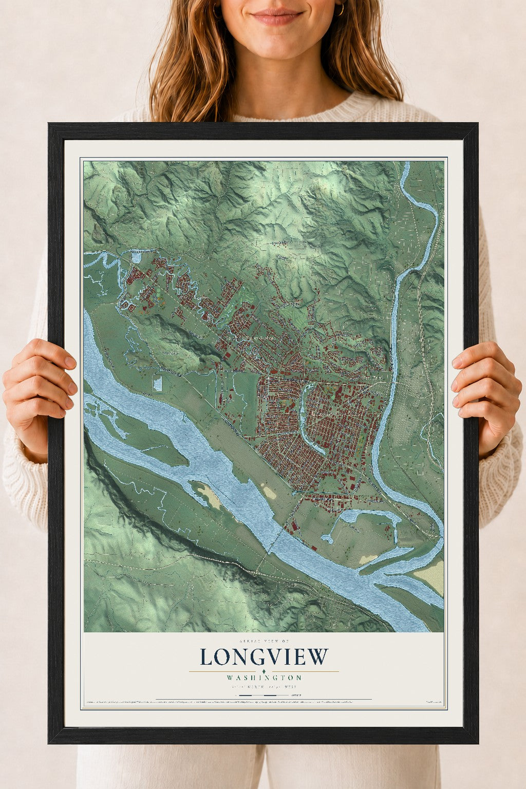 Map of Longview, Washington, 18 x 24 inch print in a black wood frame