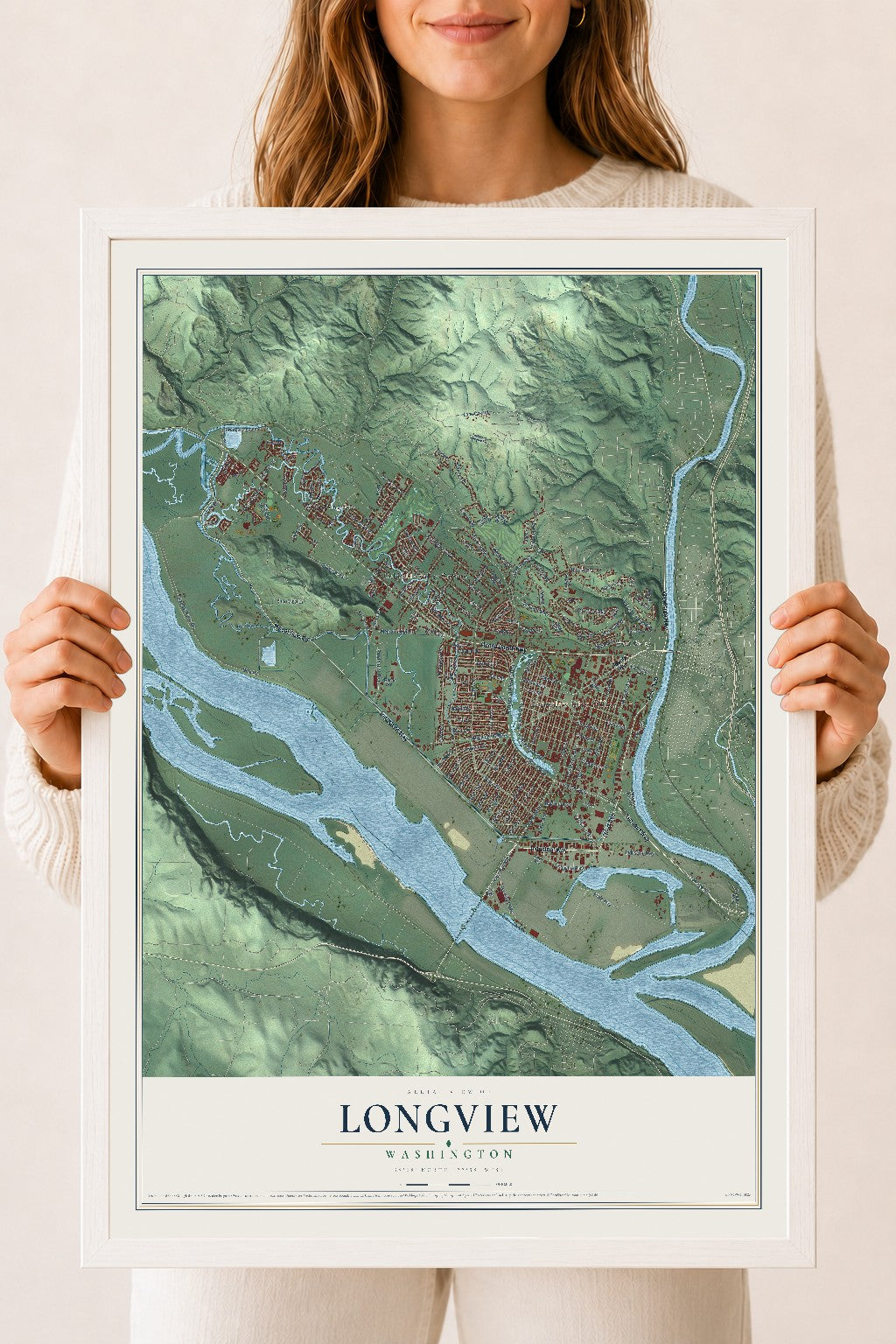 Map of Longview, Washington, 18 x 24 inch print in a white wood frame