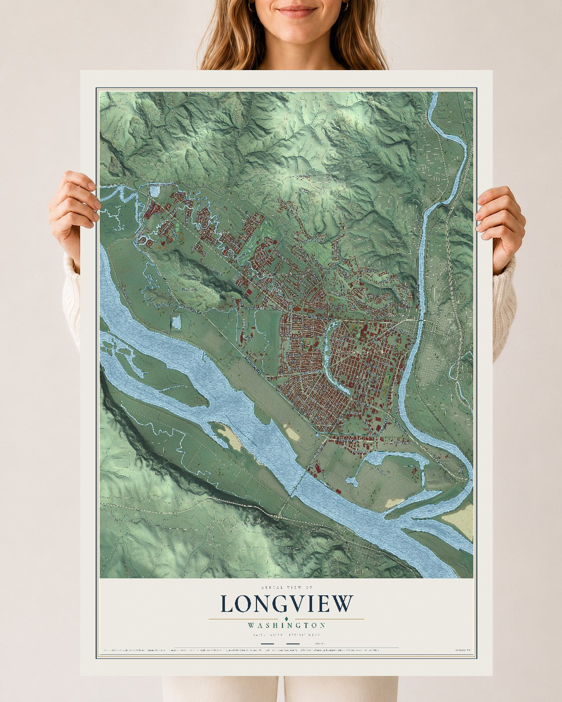 Map of Longview, Washington, 24 x 36 inch unframed archival matte print