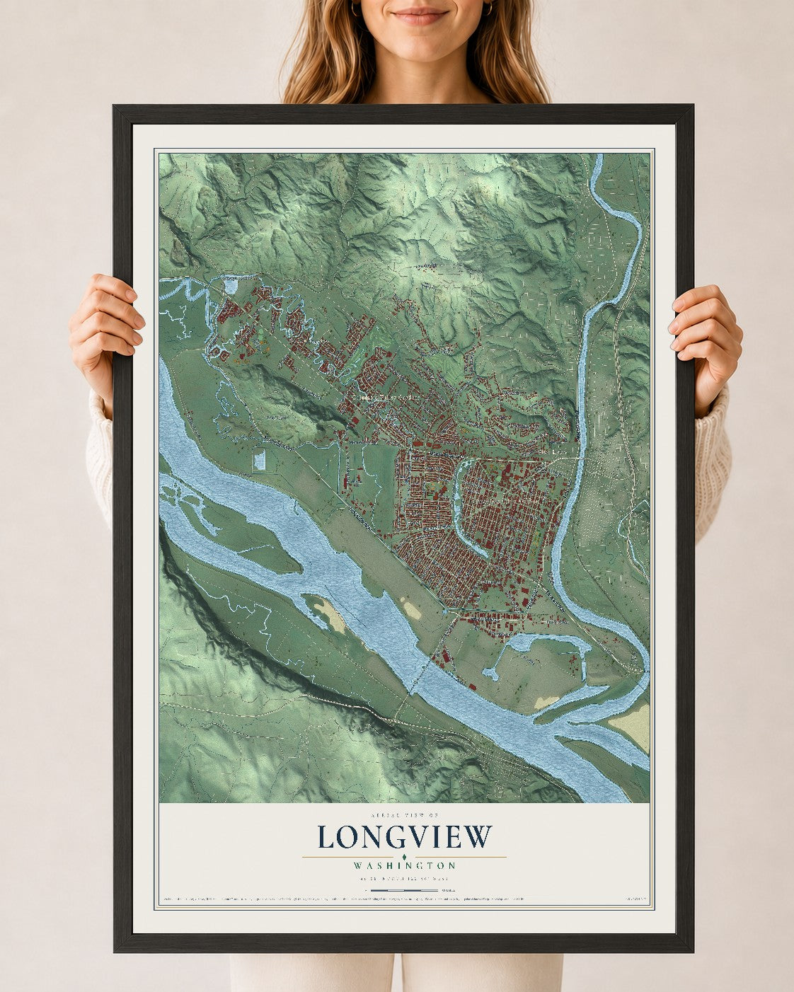 Map of Longview, Washington, 24 x 36 inch print in a black wood frame