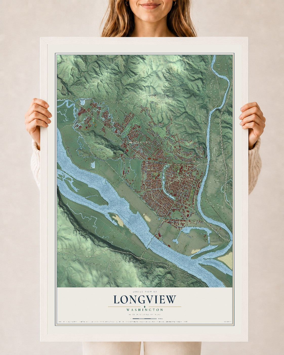 Map of Longview, Washington, 24 x 36 inch print in a white wood frame