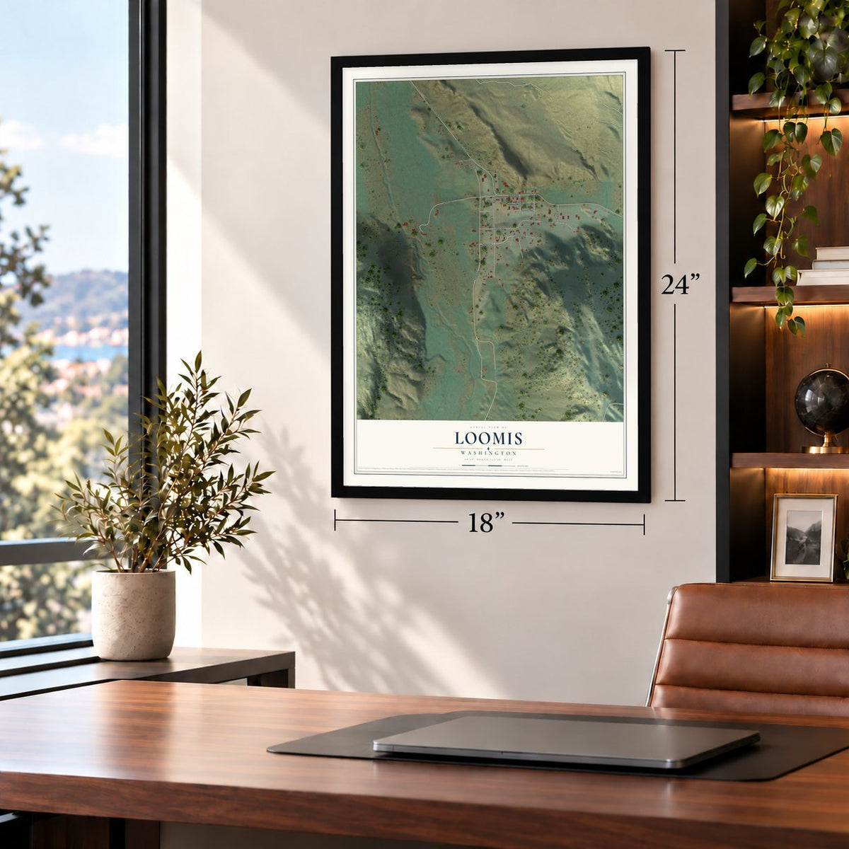 Loomis, Washington map, 18 x 24 inch print in a black frame in a home office