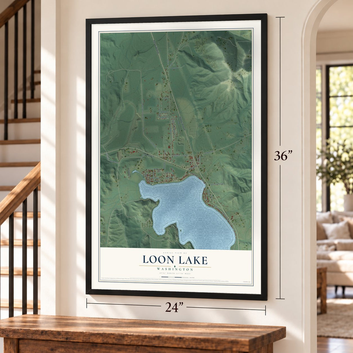 Loon Lake, Washington map, 24 x 36 inch print in a black frame by a staircase