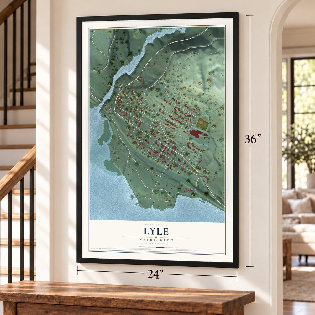 Lyle, Washington map, 24 x 36 inch print in a black frame by a staircase