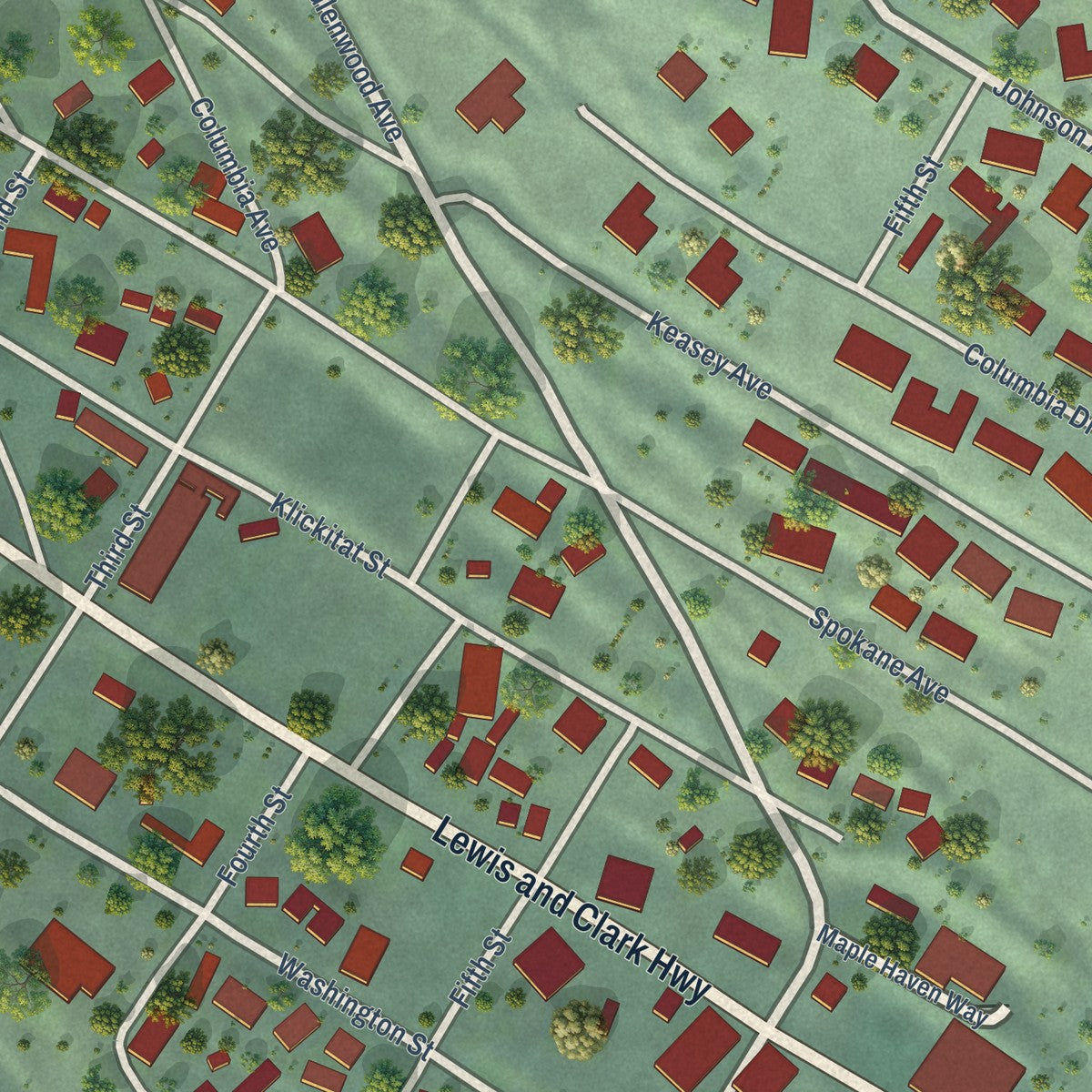 Close-up of the map of Lyle, Washington print showing street and building detail