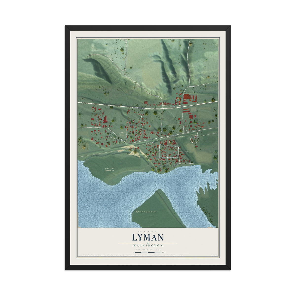 Map of Lyman, Washington, 12 x 18 inch print in a black wood frame