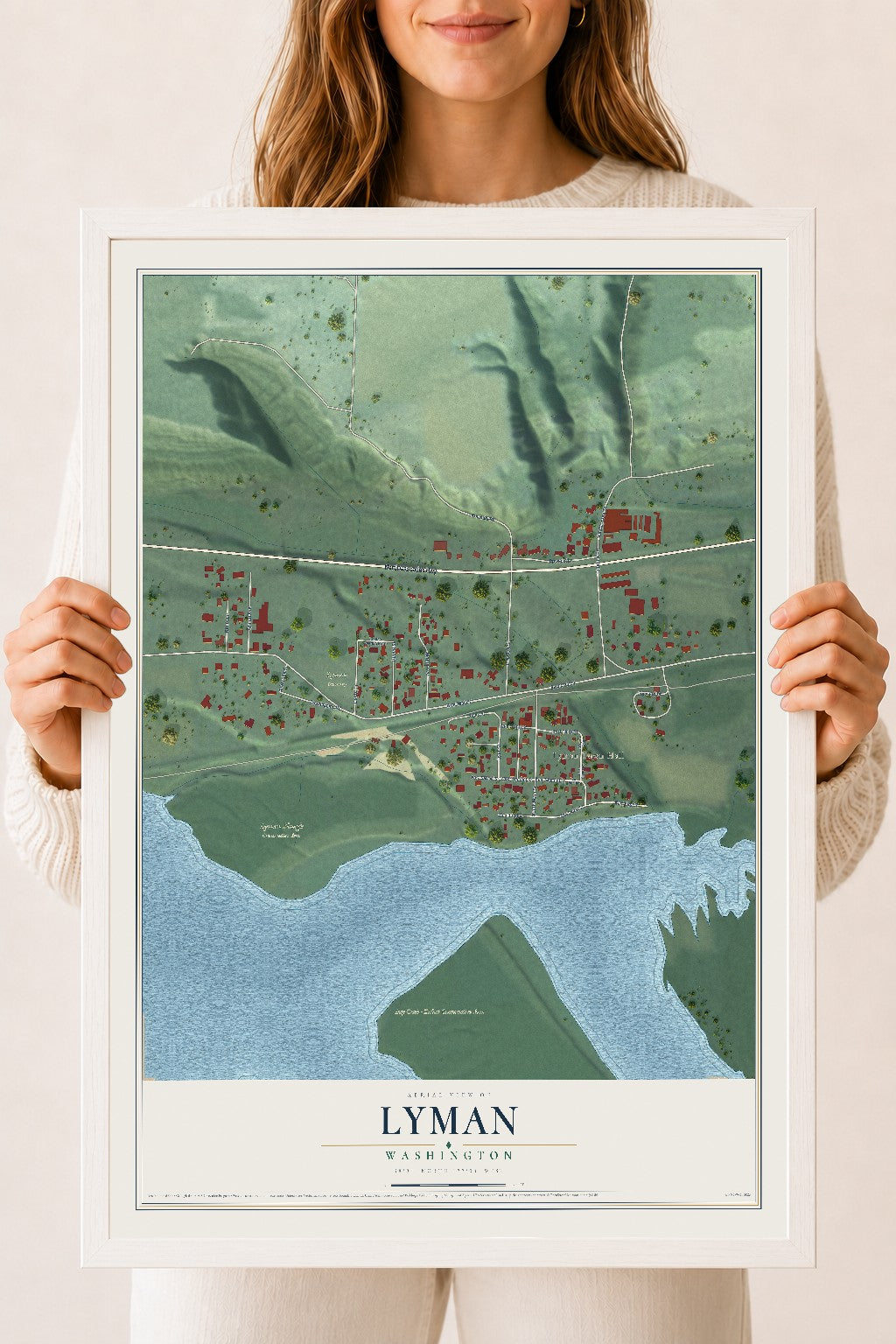Map of Lyman, Washington, 18 x 24 inch print in a white wood frame