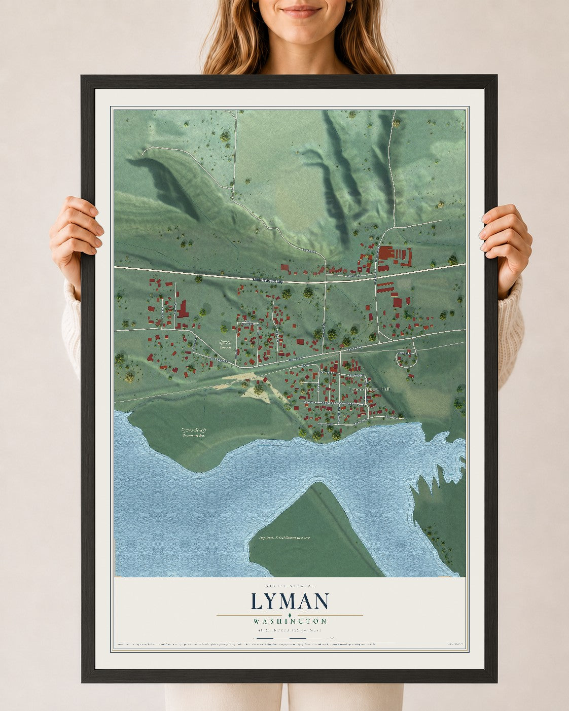 Map of Lyman, Washington, 24 x 36 inch print in a black wood frame