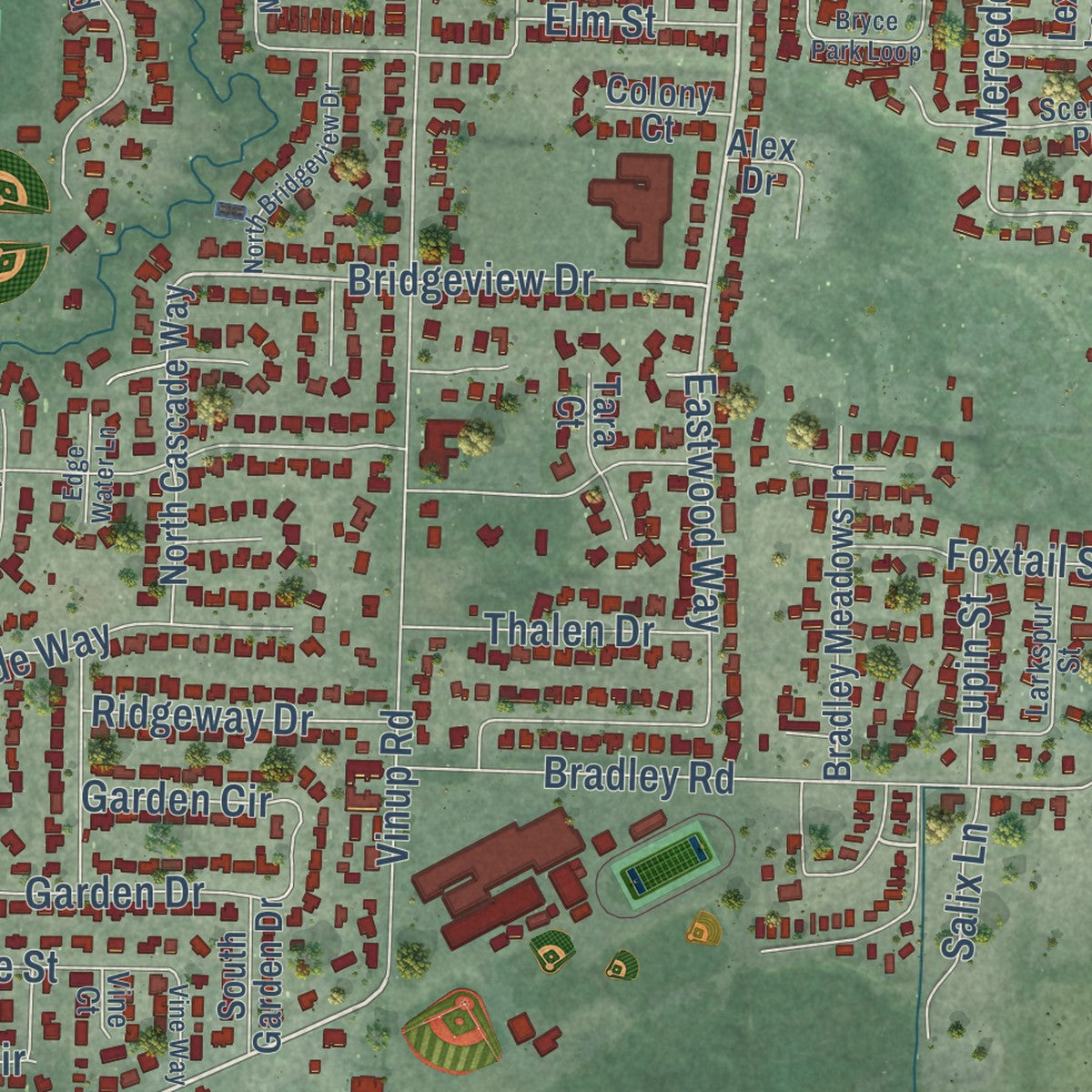 Close-up of the map of Lynden, Washington print showing street and building detail