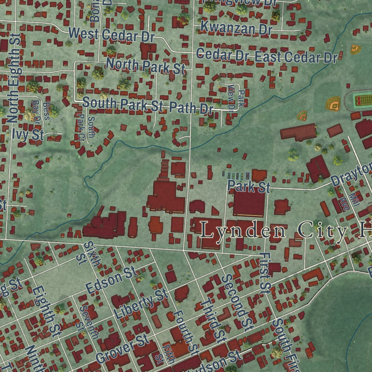Second close-up of the map of Lynden, Washington print showing more streets and buildings