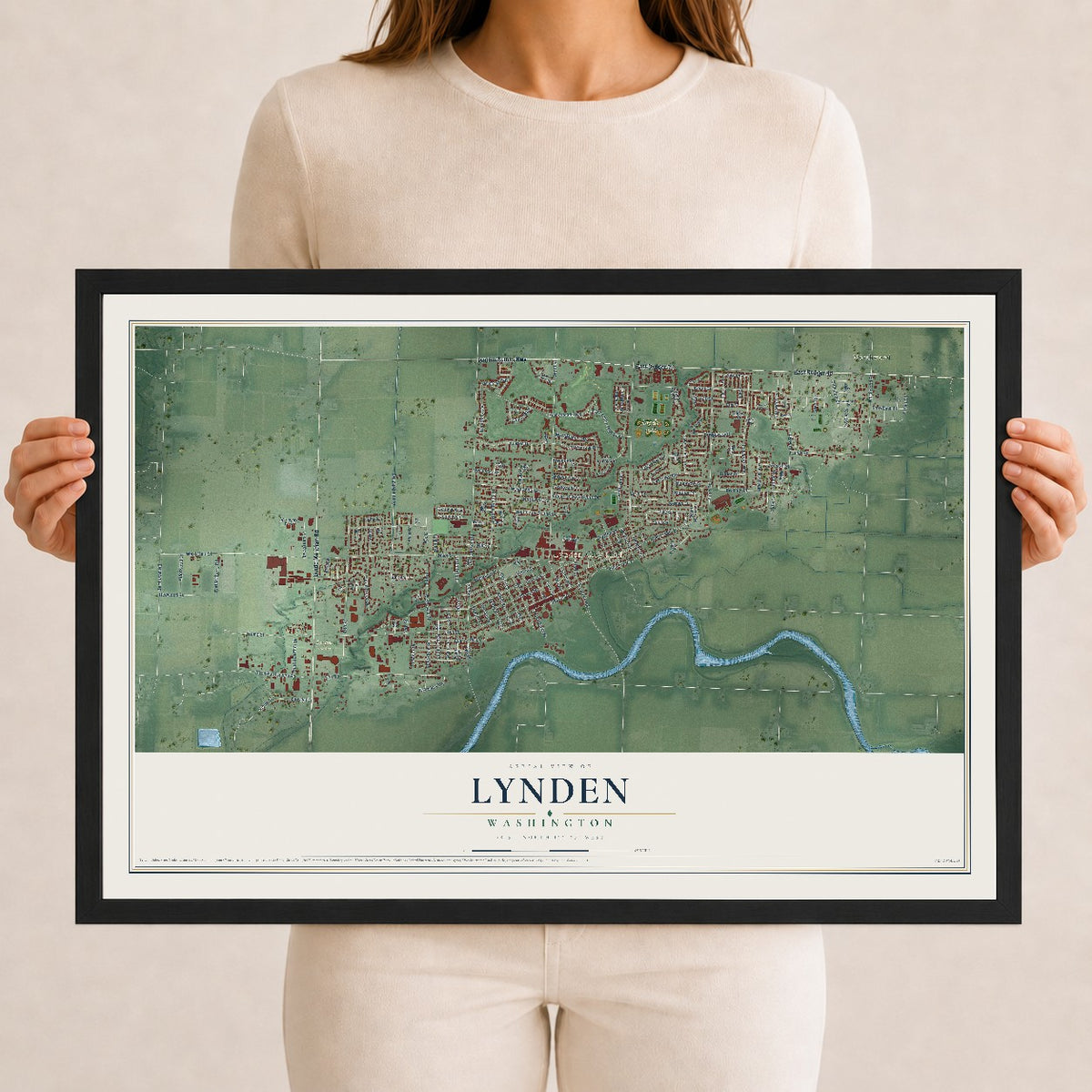 Map of Lynden, Washington, 12 x 18 inch print in a black wood frame