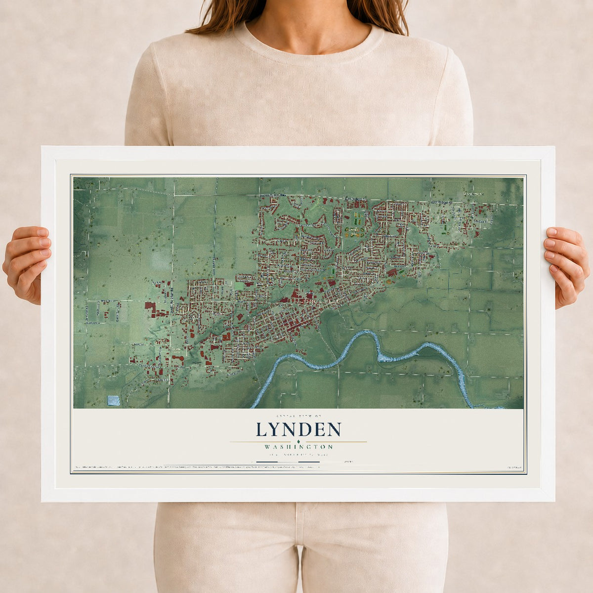 Map of Lynden, Washington, 12 x 18 inch print in a white wood frame