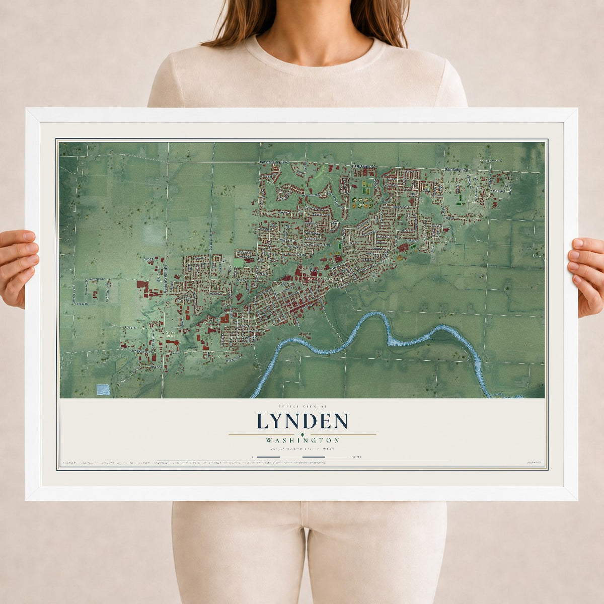 Map of Lynden, Washington, 18 x 24 inch print in a white wood frame