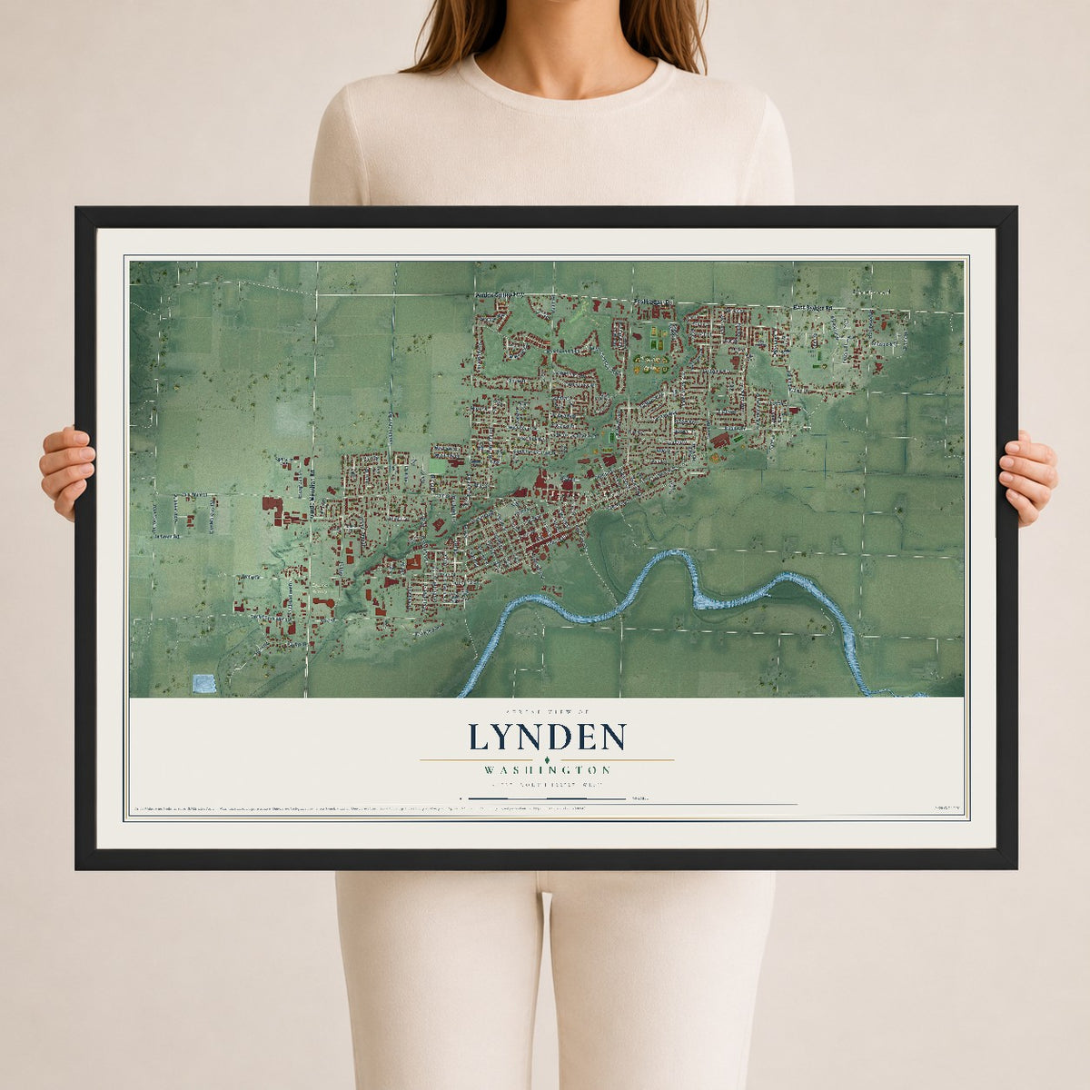 Map of Lynden, Washington, 24 x 36 inch print in a black wood frame