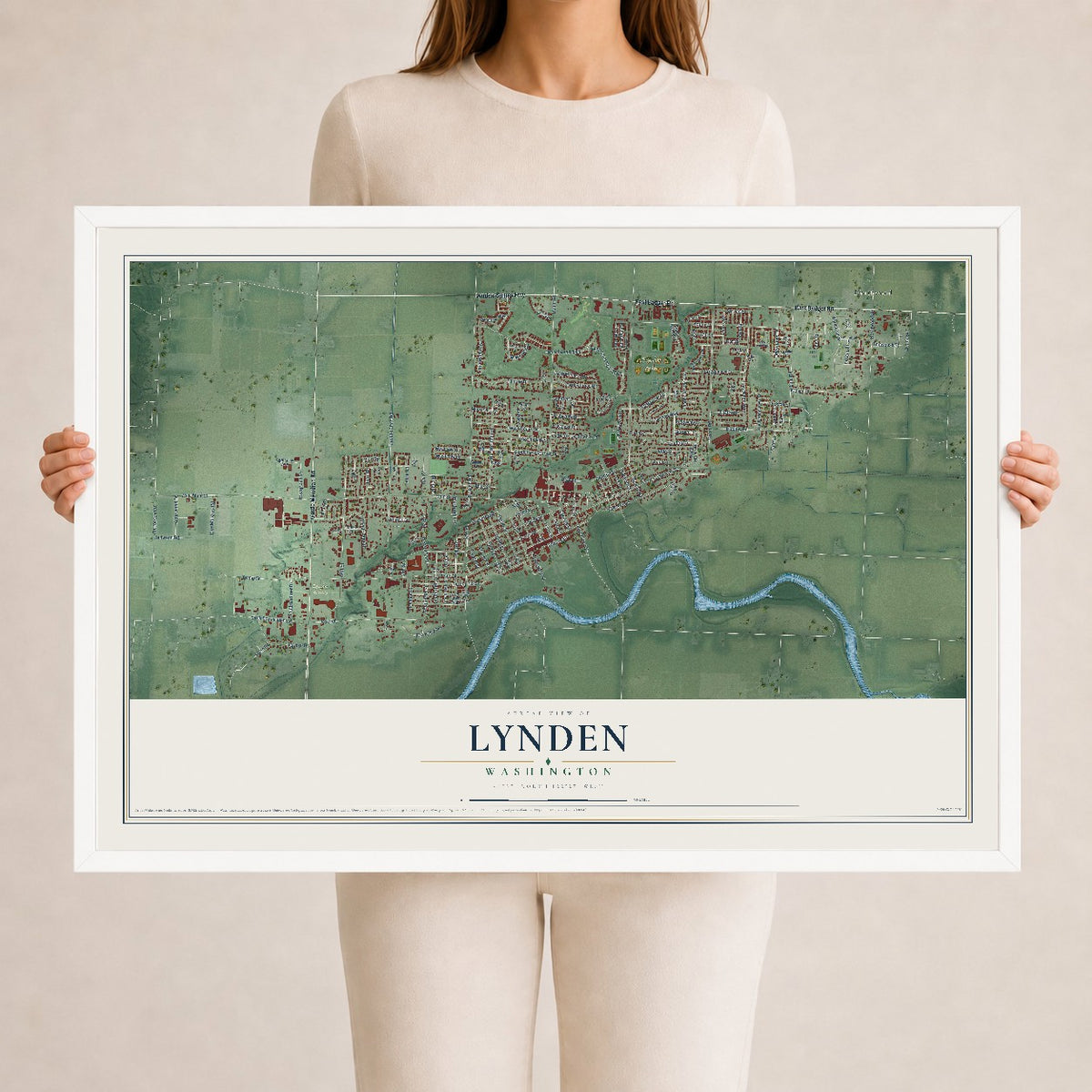 Map of Lynden, Washington, 24 x 36 inch print in a white wood frame