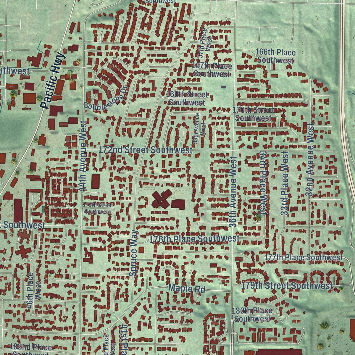 Close-up of the map of Lynnwood, Washington print showing street and building detail