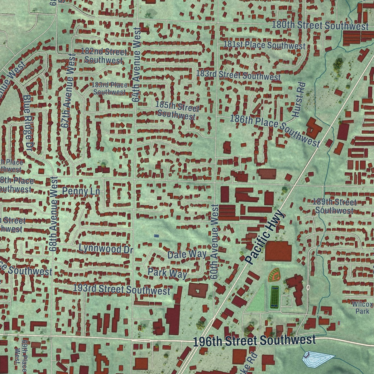 Second close-up of the map of Lynnwood, Washington print showing more streets and buildings