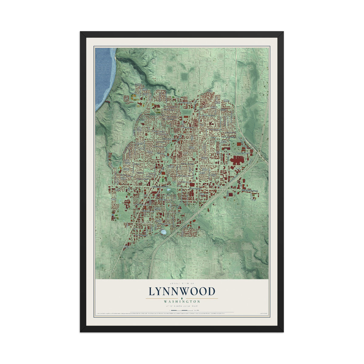 Map of Lynnwood, Washington, 12 x 18 inch print in a black wood frame