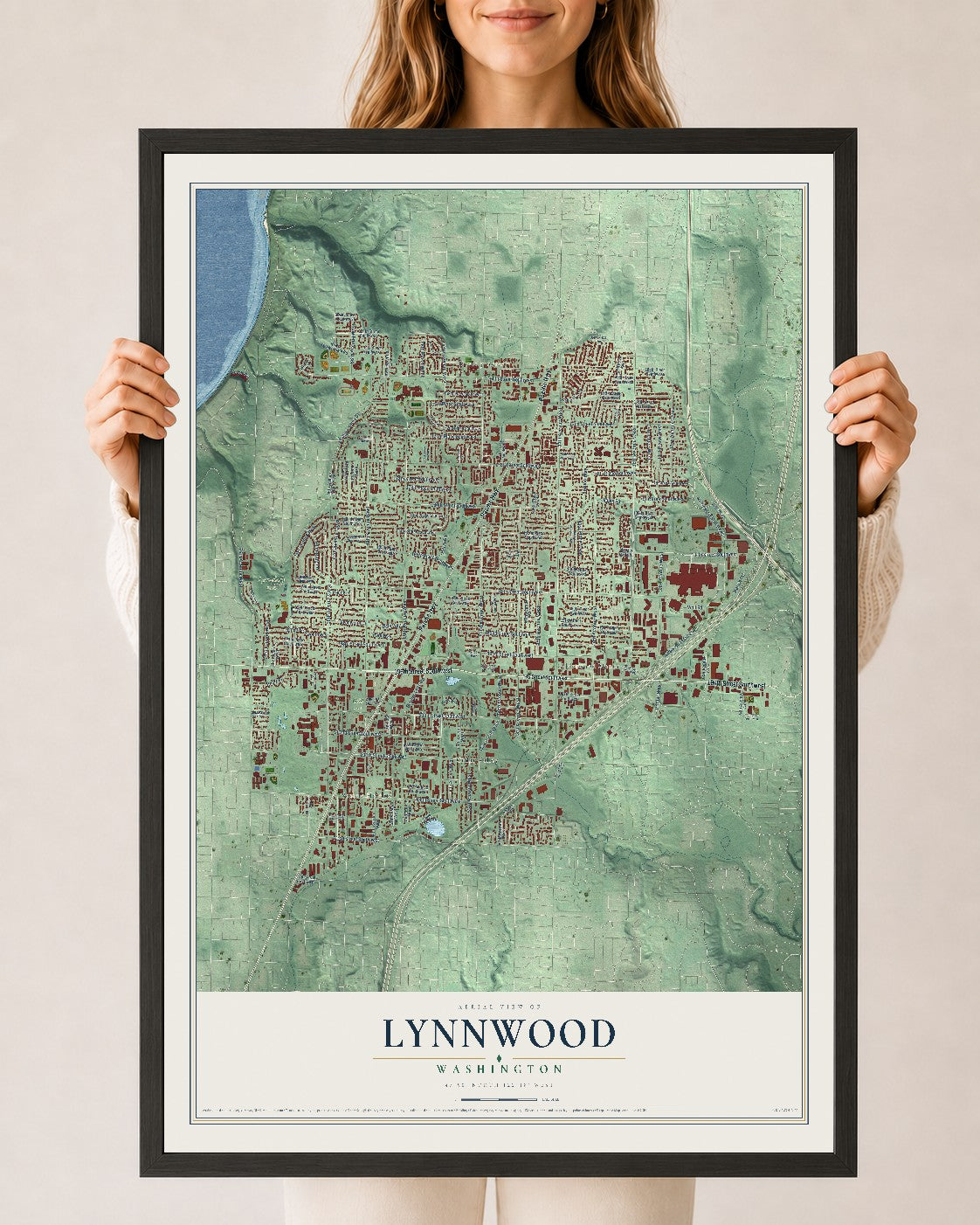 Map of Lynnwood, Washington, 24 x 36 inch print in a black wood frame
