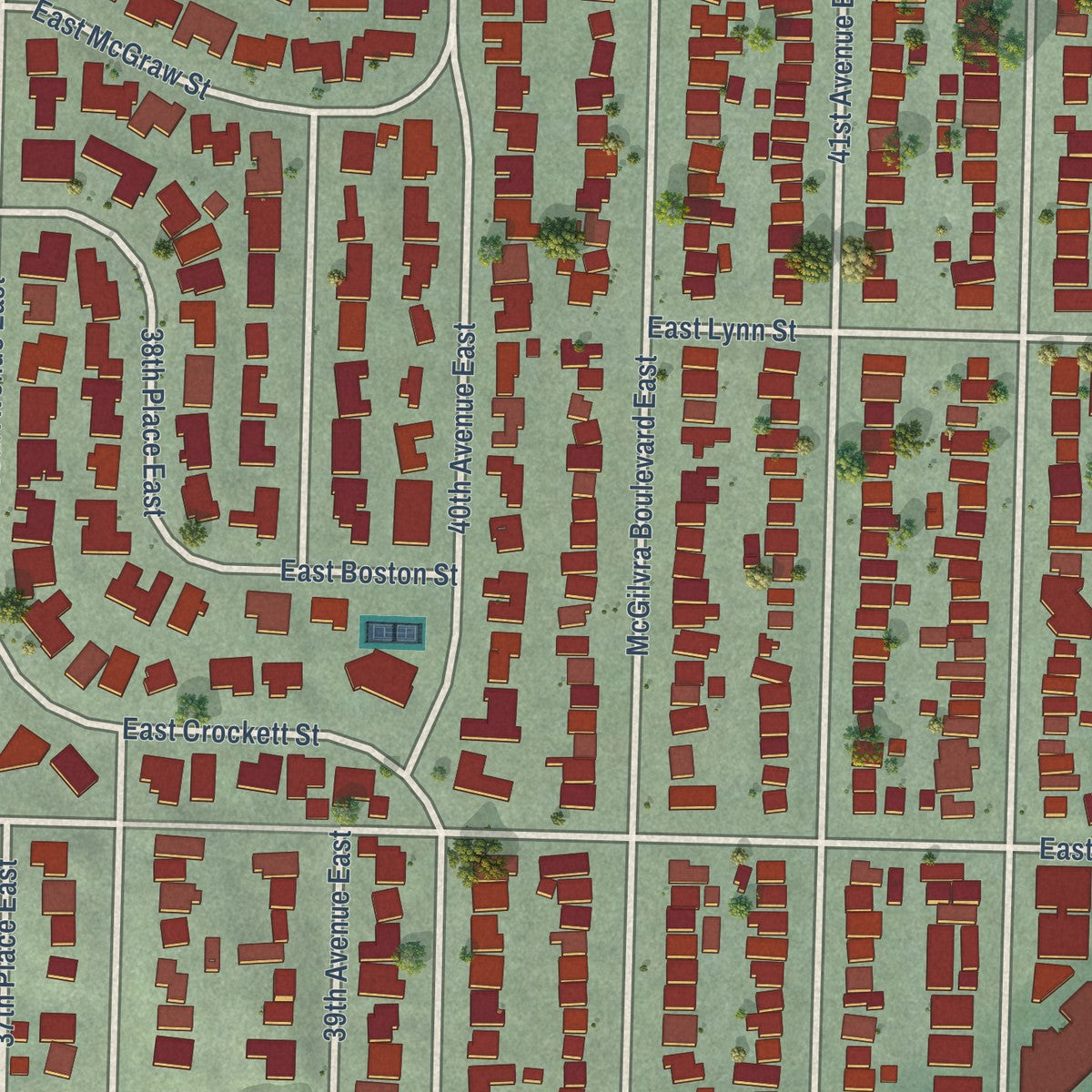 Close-up of the map of Madison Park, Washington print showing street and building detail