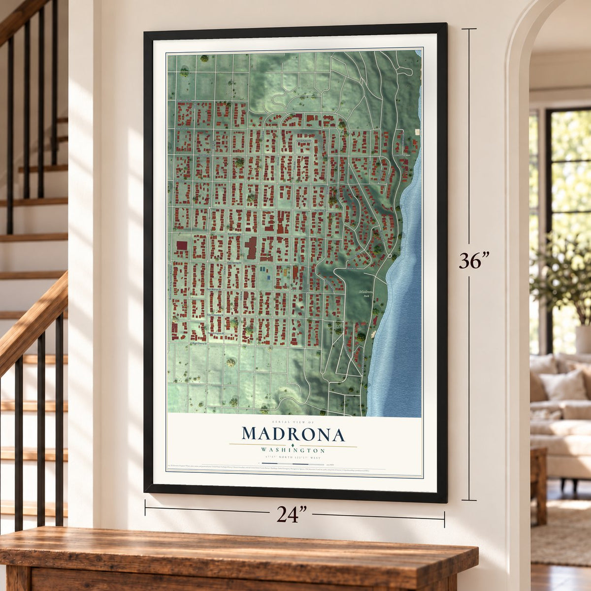 Madrona, Washington map, 24 x 36 inch print in a black frame by a staircase