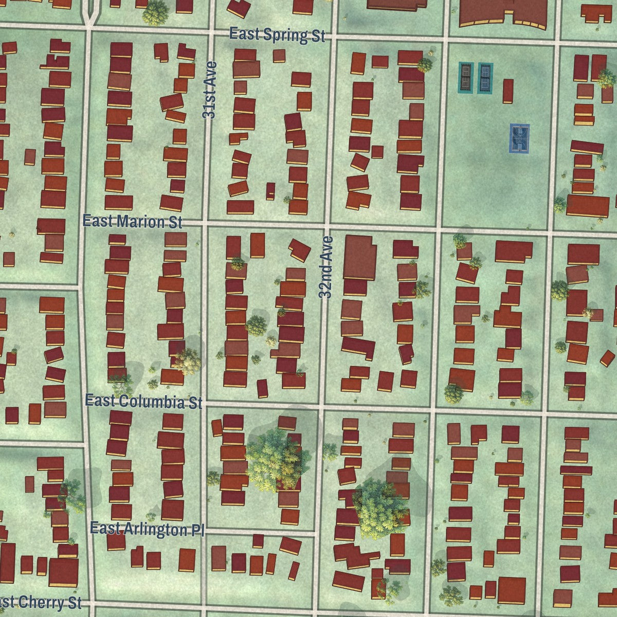 Close-up of the map of Madrona, Washington print showing street and building detail