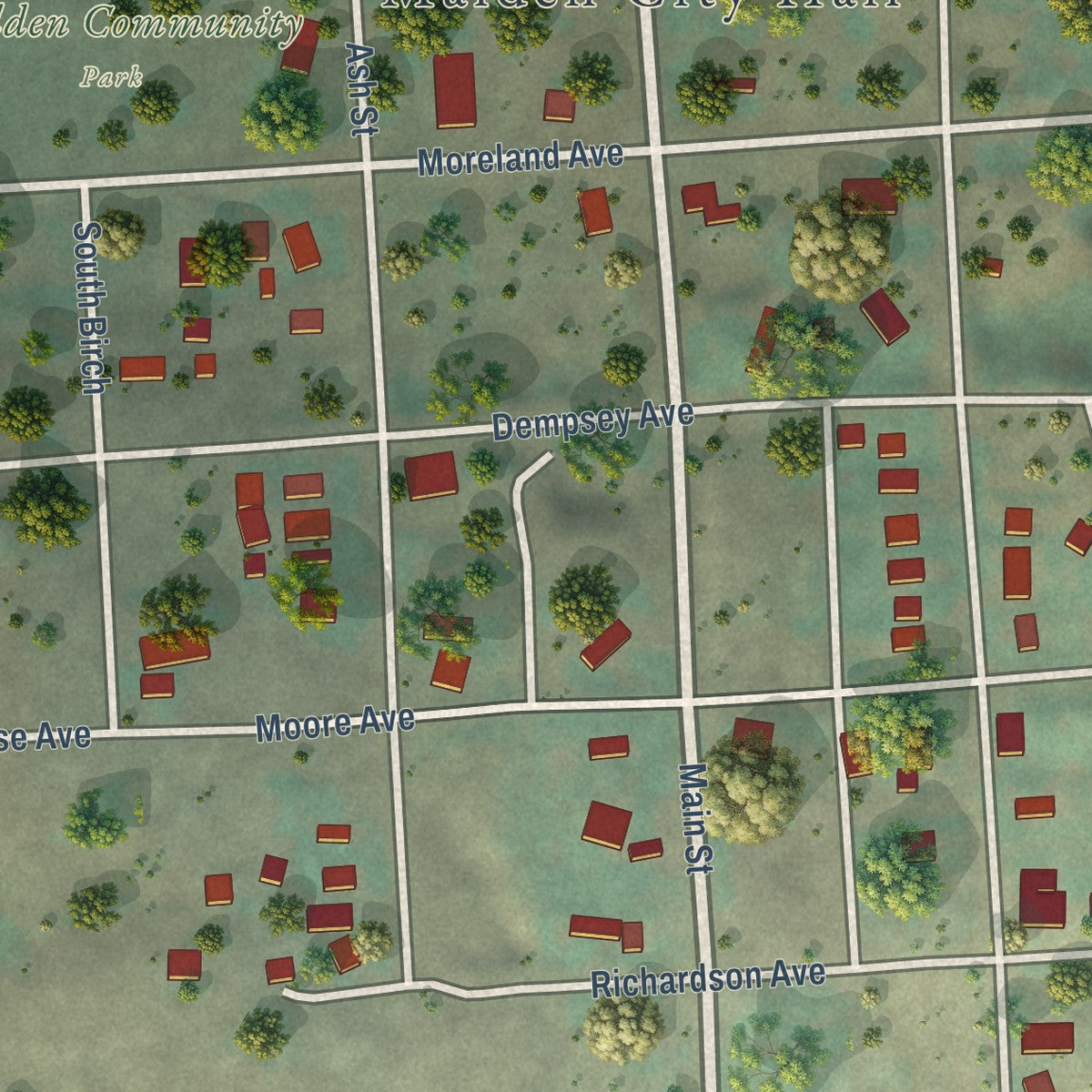 Close-up of the map of Malden, Washington print showing street and building detail