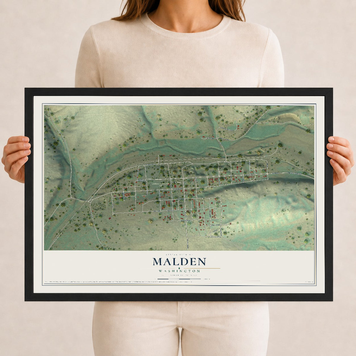 Map of Malden, Washington, 12 x 18 inch print in a black wood frame
