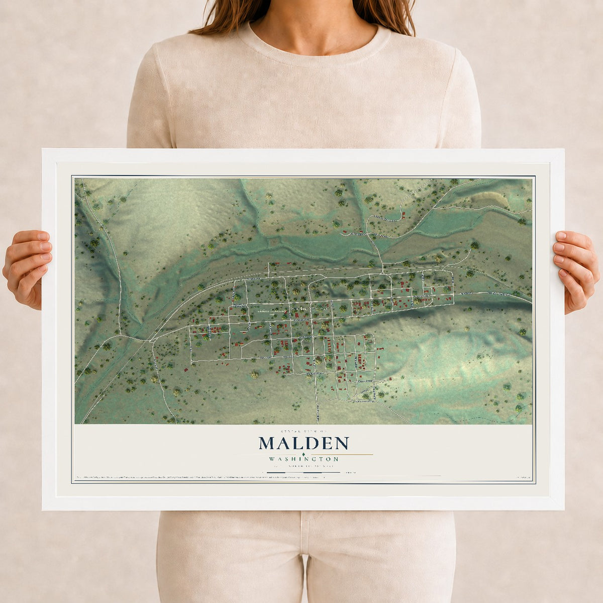 Map of Malden, Washington, 12 x 18 inch print in a white wood frame