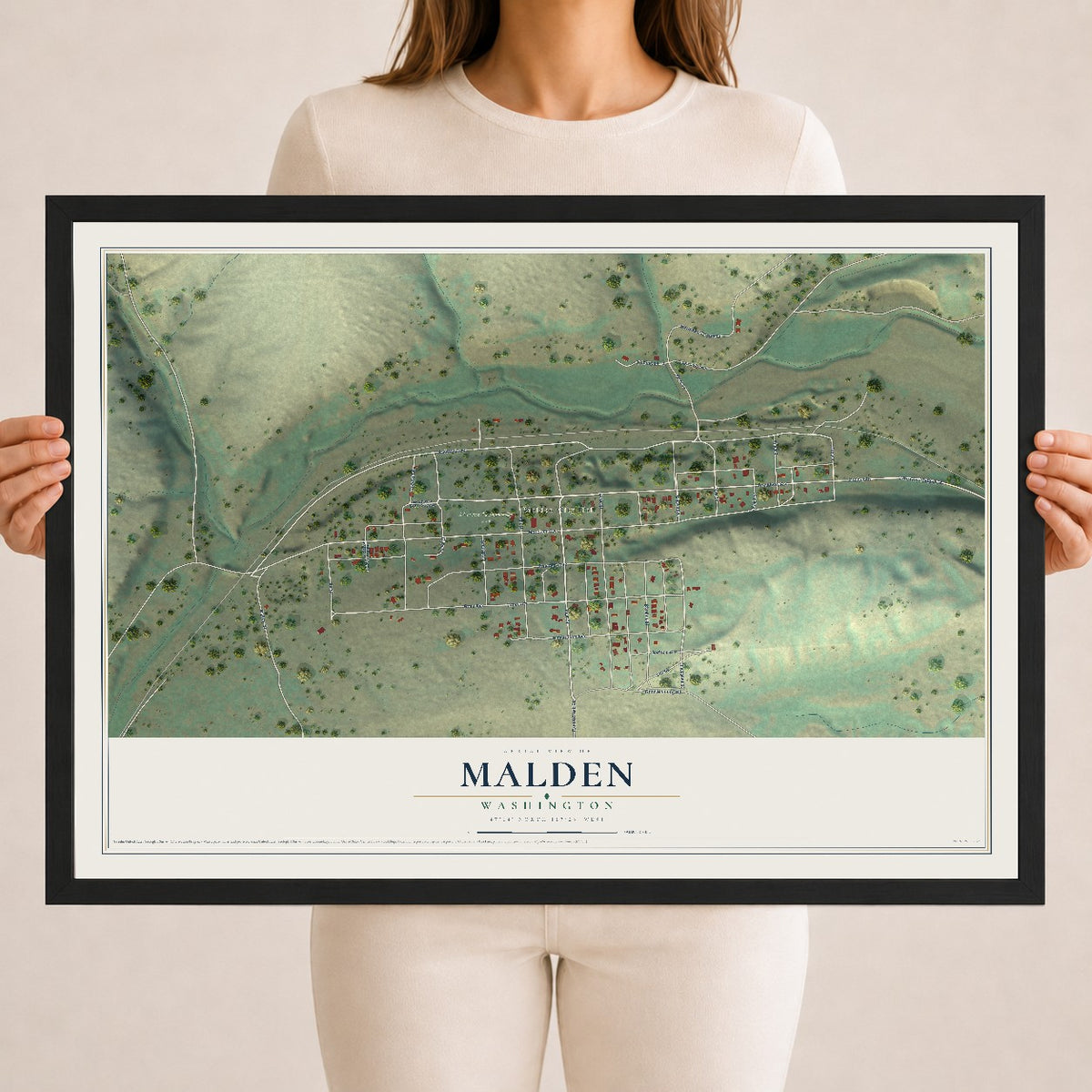 Map of Malden, Washington, 18 x 24 inch print in a black wood frame