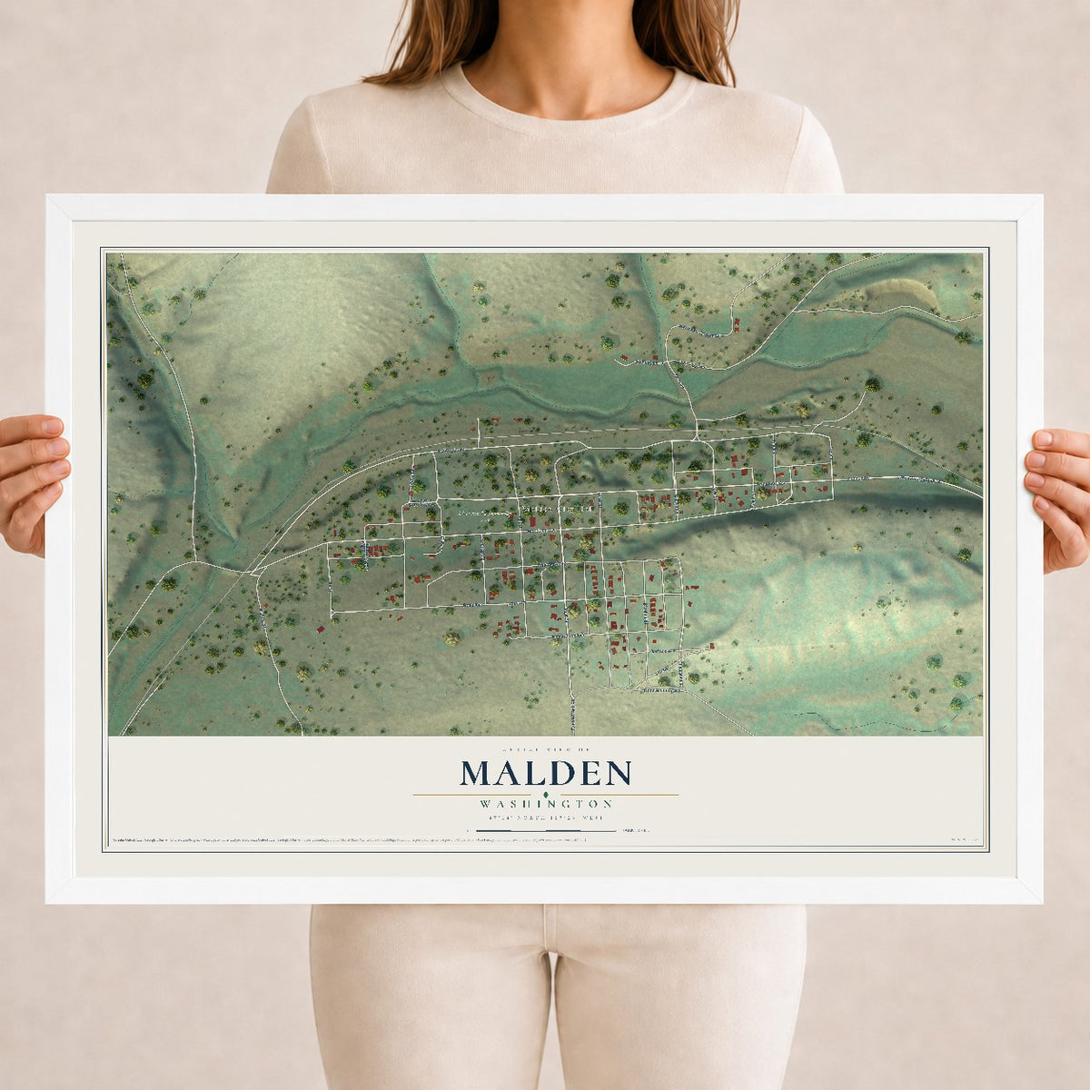 Map of Malden, Washington, 18 x 24 inch print in a white wood frame