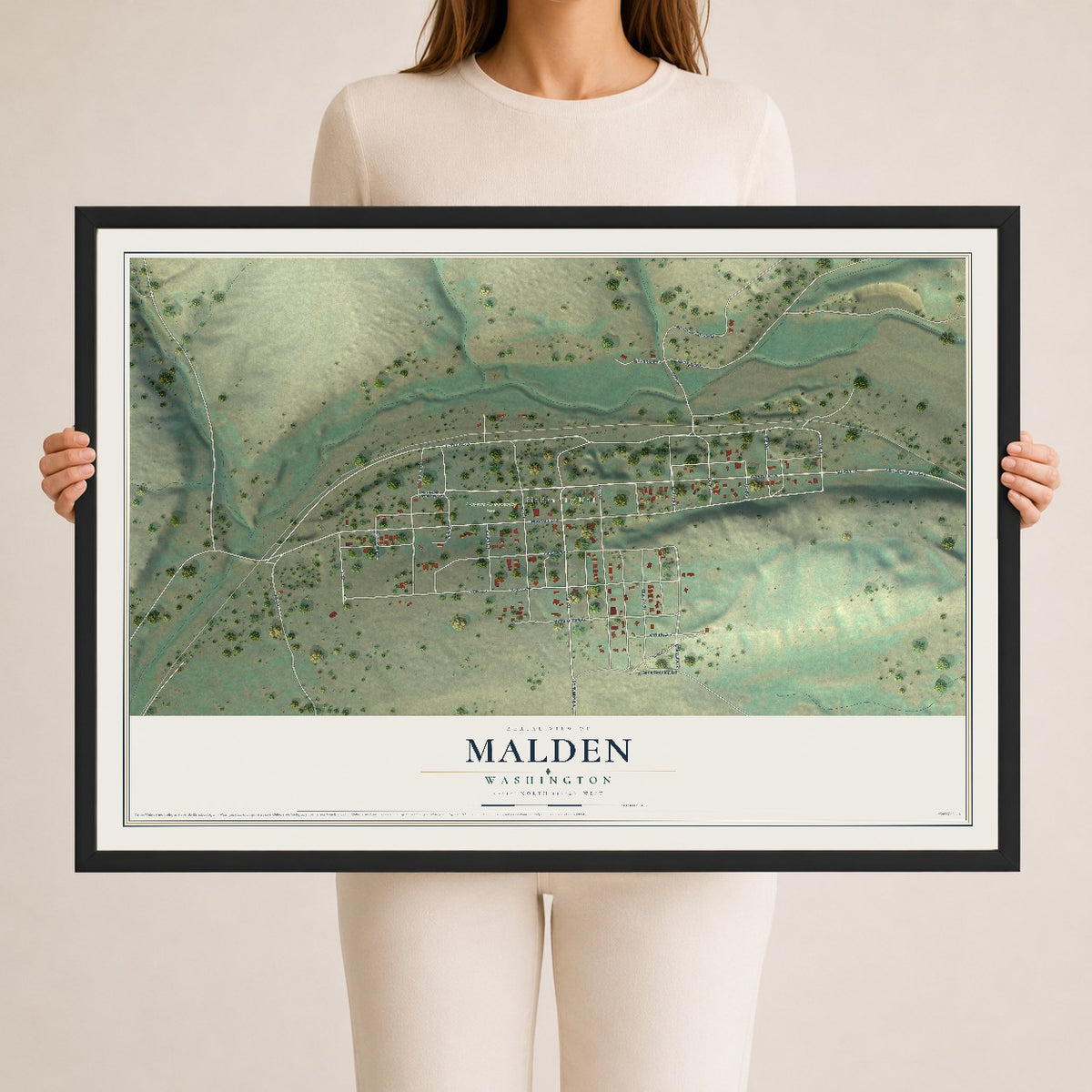 Map of Malden, Washington, 24 x 36 inch print in a black wood frame