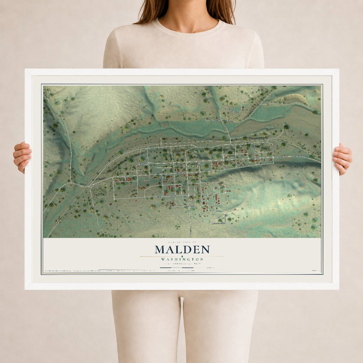 Map of Malden, Washington, 24 x 36 inch print in a white wood frame