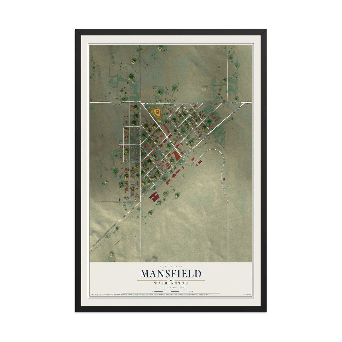 Map of Mansfield, Washington, 12 x 18 inch print in a black wood frame