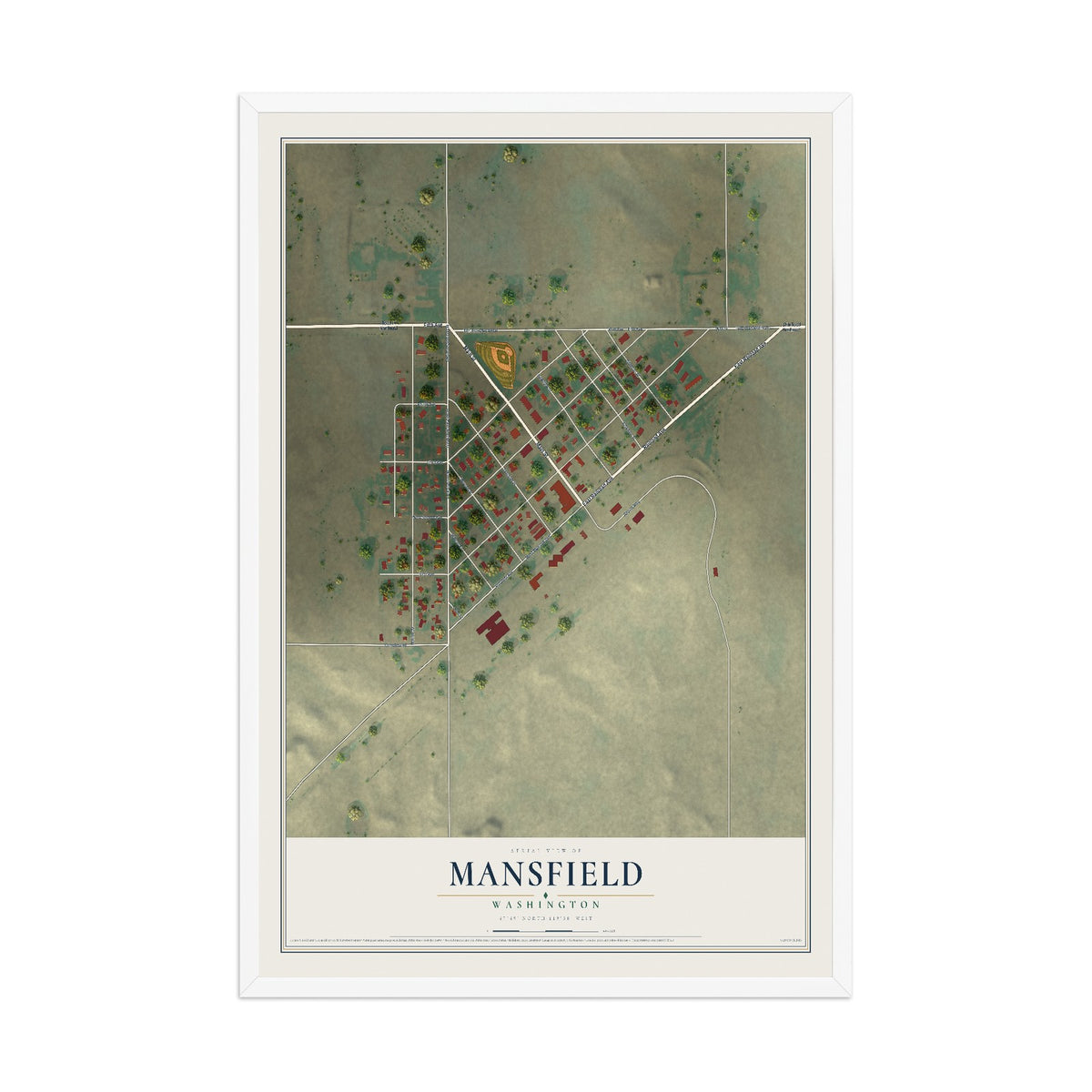 Map of Mansfield, Washington, 12 x 18 inch print in a white wood frame