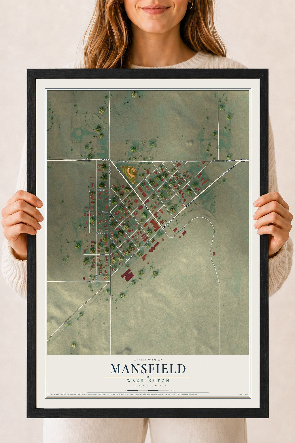 Map of Mansfield, Washington, 18 x 24 inch print in a black wood frame