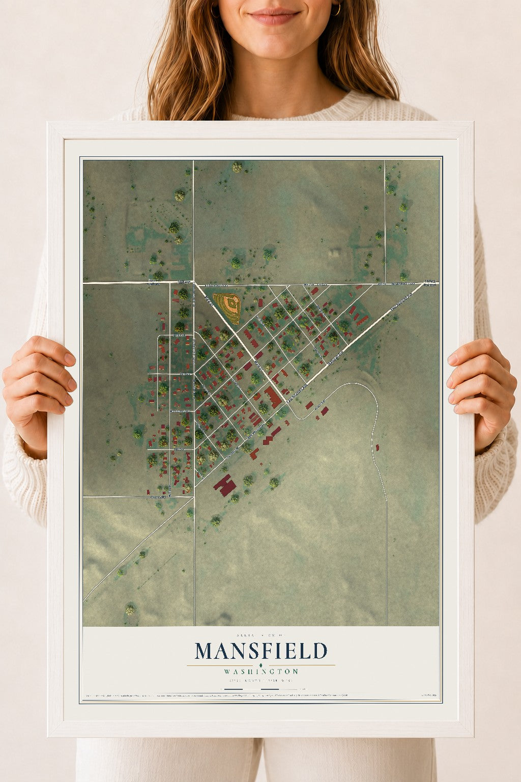 Map of Mansfield, Washington, 18 x 24 inch print in a white wood frame
