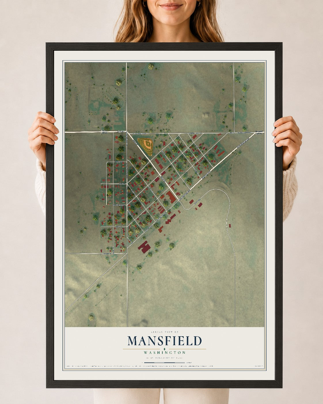 Map of Mansfield, Washington, 24 x 36 inch print in a black wood frame