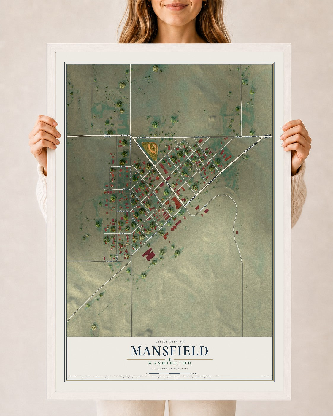 Map of Mansfield, Washington, 24 x 36 inch print in a white wood frame