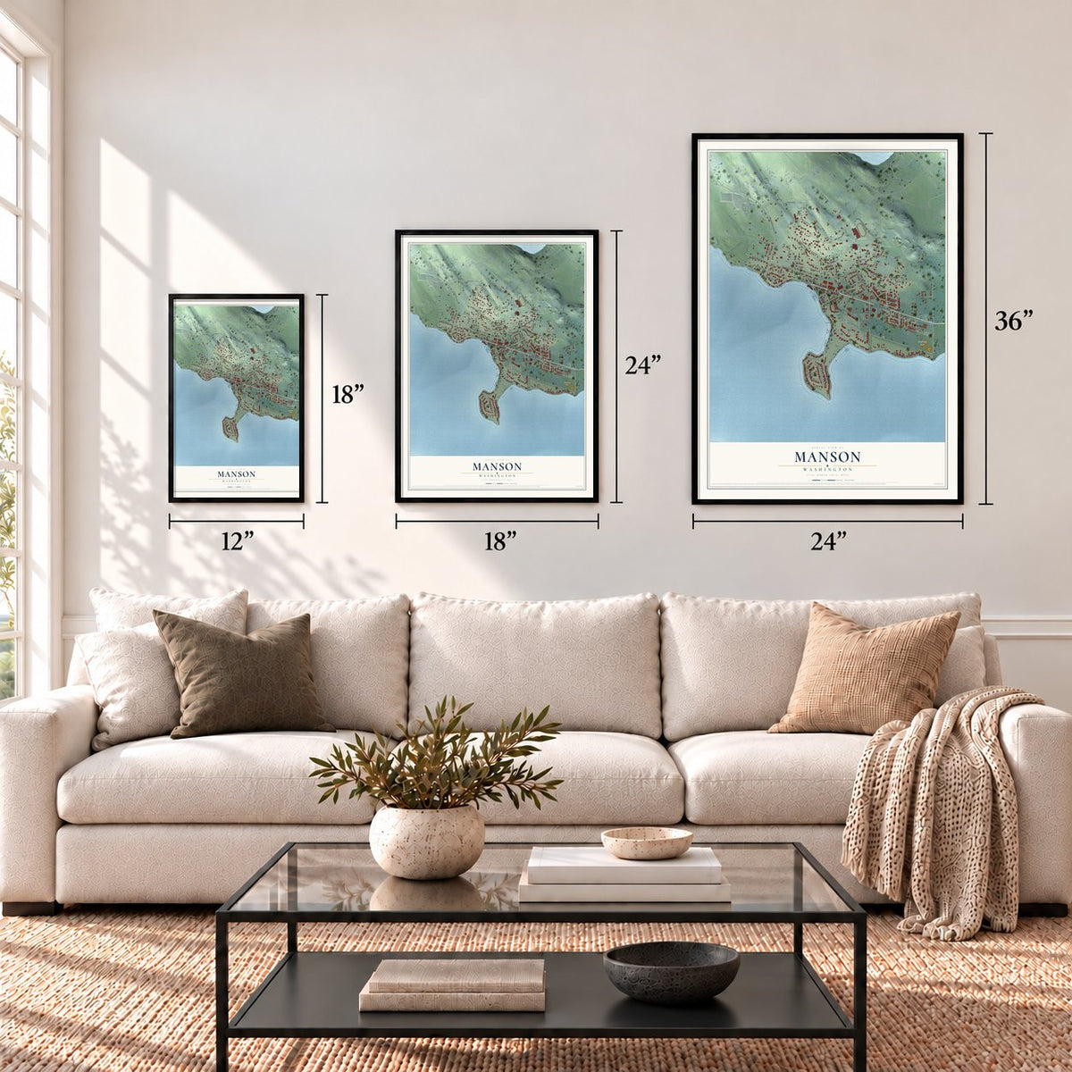 Manson, Washington map in 12 x 18, 18 x 24 and 24 x 36 inch sizes above a sofa