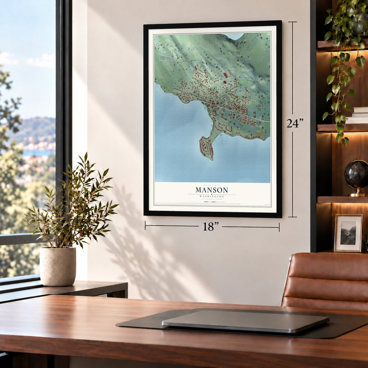 Manson, Washington map, 18 x 24 inch print in a black frame in a home office