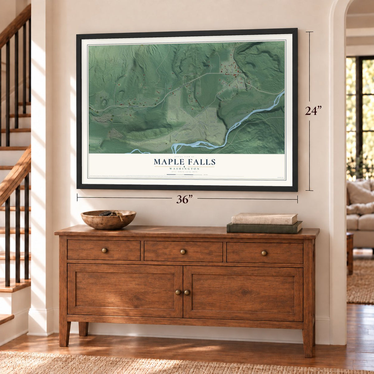 Maple Falls, Washington map, 24 x 36 inch print in a black frame above a dresser by a staircase